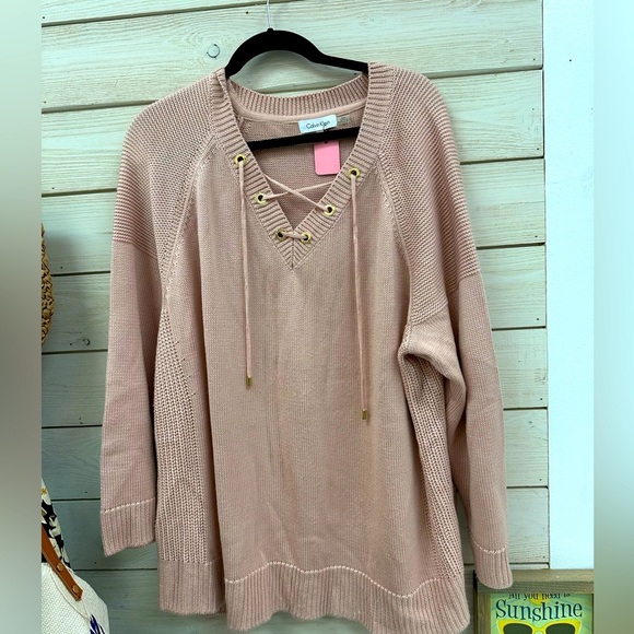 Calvin Klein Lace-Up V-Neck Knit Sweater Blush Pink Size 2X - Picture 4 of 6